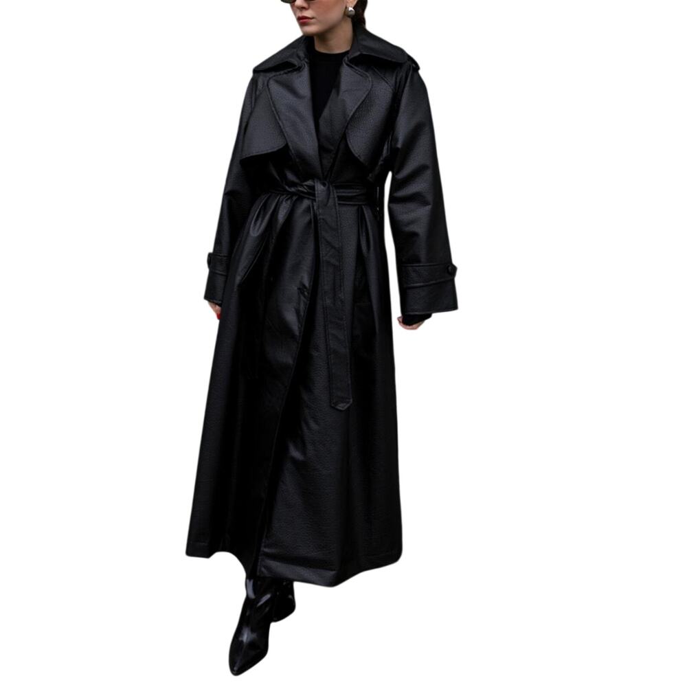 Black Faux Leather Trench Coat Women Long Belted Classic Jacket Stylish - Picture 2 of 12